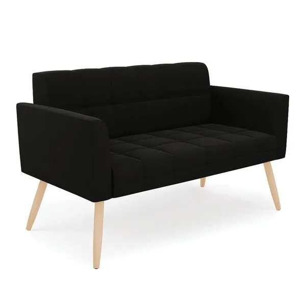 Sofá Namoradeira Elisa Suede Preto Pés Palito Natural - D'Rossi