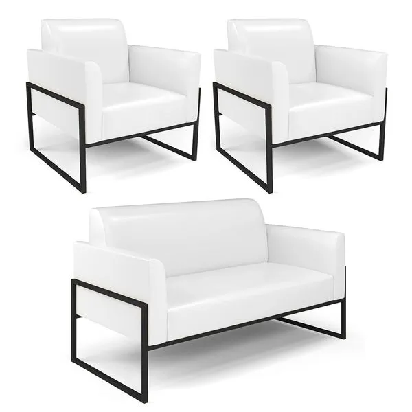 Sof Namoradeira com 2 Poltronas Base Industrial Alta Preto Marisa Corano Branco D03 - D'Rossi