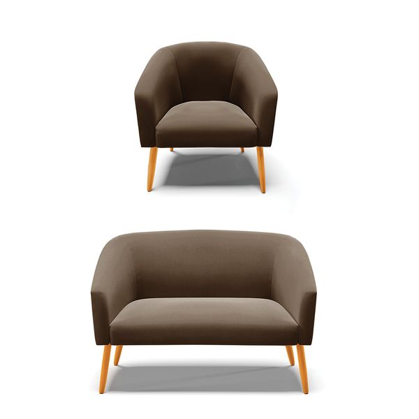 Sofá Namoradeira e Poltrona Pé Palito Castanho Stella Suede Marrom D03 - D'Rossi