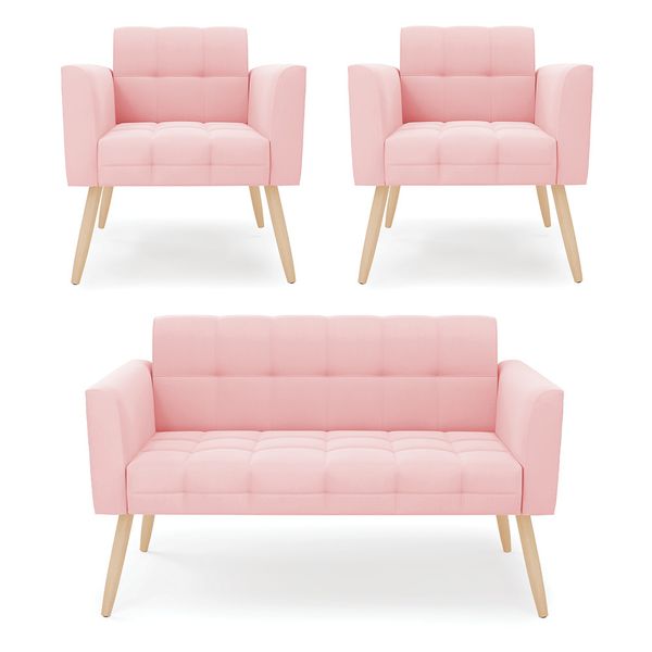 Kit 1 Sofá Namoradeira e 2 Poltronas Elisa Suede Rosa Bebê Pés Palito Natural - D'Rossi