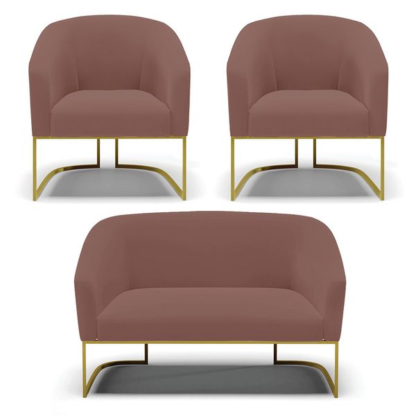 Namoradeira e 2 Poltronas Industrial Dourado Stella Veludo Ros D03 - D'Rossi