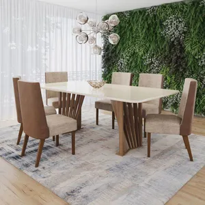 Conjunto de Mesa 6 Cadeiras Tampo de Vidro Adriana Henn | Nature/Off/Caramelo/Creme