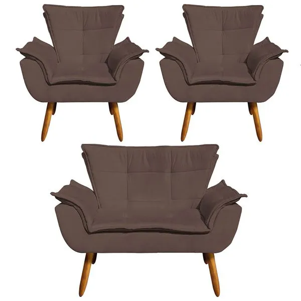Namoradeira e 2 Poltronas Pé Palito Castanho Opala Suede Marrom D03 - D'Rossi