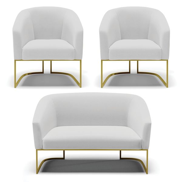 Namoradeira e 2 Poltronas Industrial Dourado Stella Linho Cinza D03 - D'Rossi