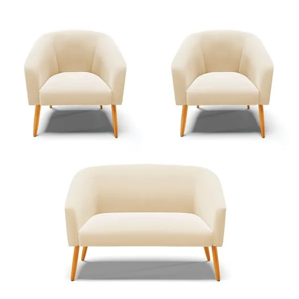 Namoradeira e 2 Poltronas Pé Palito Castanho Stella Suede Bege D03 - D'Rossi