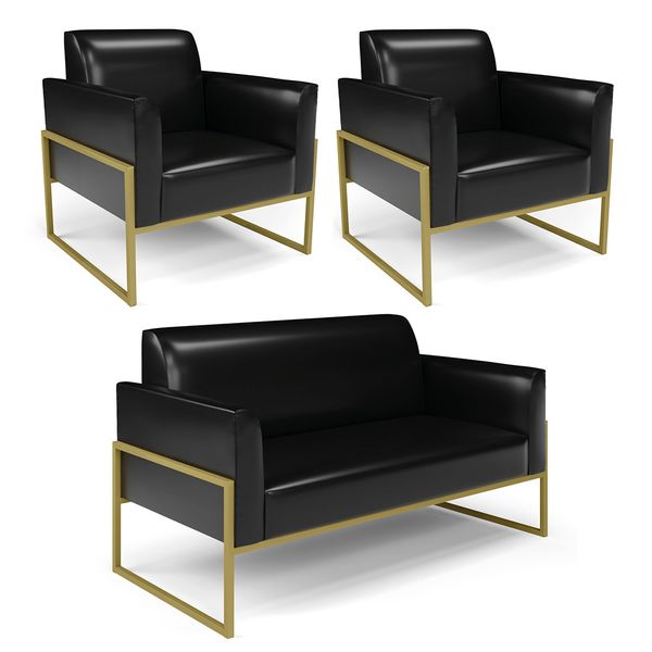Sof Namoradeira com 2 Poltronas Base Industrial Alta Dourado Marisa Corano Preto D03 - D'Rossi
