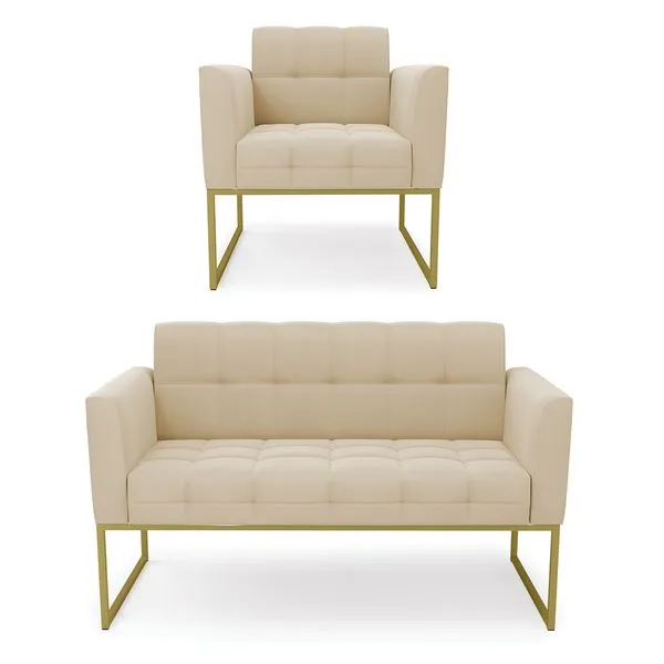 Kit 1 Sofá Namoradeira e 1 Poltrona Elisa Suede Bege Base Metálica Industrial Dourado - D'Rossi