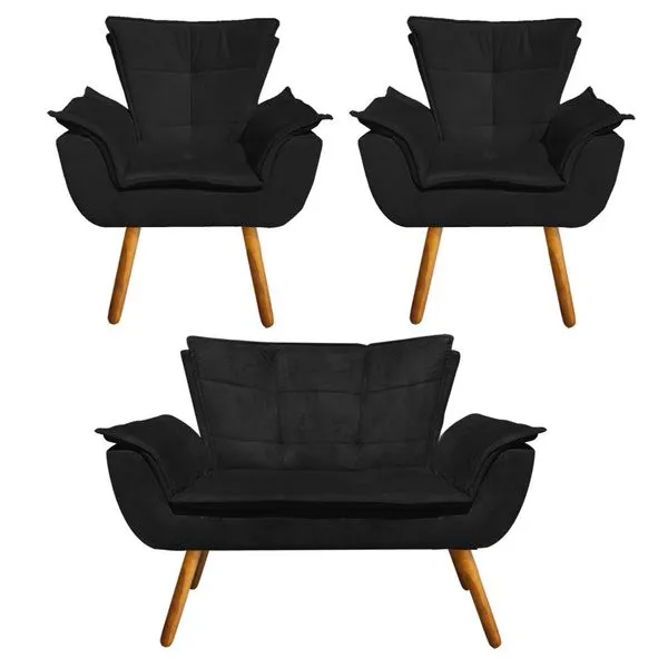Namoradeira e 2 Poltronas Pé Palito Castanho Opala Suede Preto D03 - D'Rossi