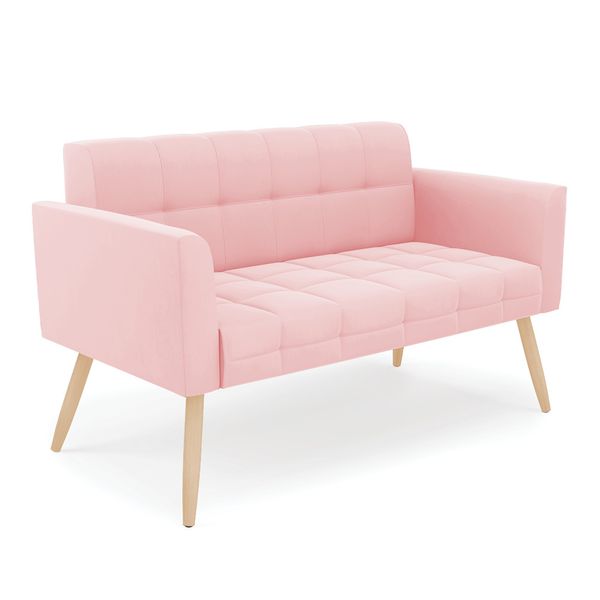 Sofá Namoradeira Elisa Suede Pés Palito Natural - D'Rossi Rosa Bebê