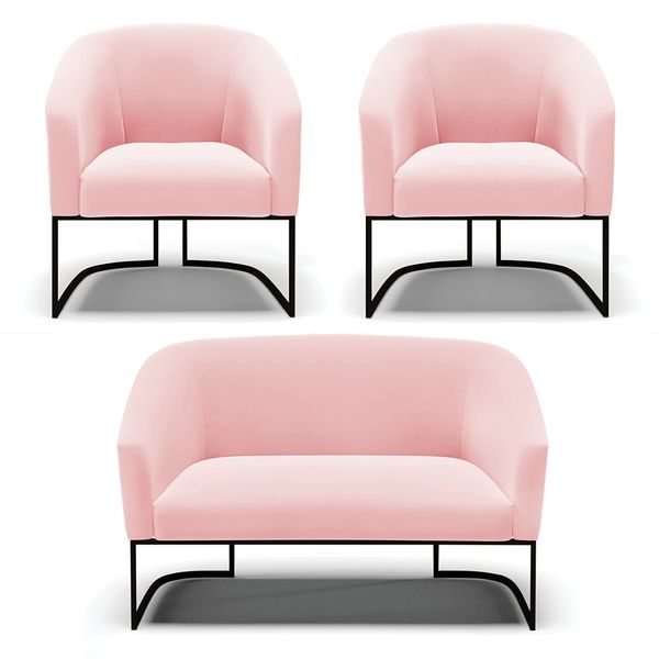 Namoradeira e 2 Poltronas Industrial Preto Stella Suede Rosa Bebê D03 - D'Rossi