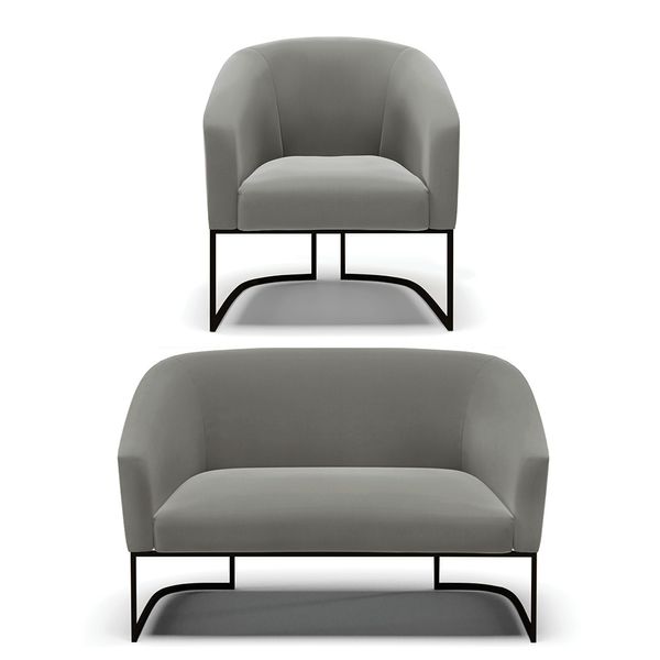 Sofá Namoradeira e Poltrona Base Industrial Preto Stella Suede D03 - D'Rossi Grafite