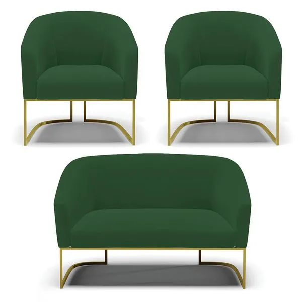 Namoradeira e 2 Poltronas Industrial Dourado Stella Veludo Verde D03 - D'Rossi