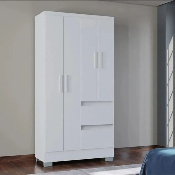 Guarda-Roupa Solteiro 4 Portas 2 Gavetas Poquema Nápoles | Branco