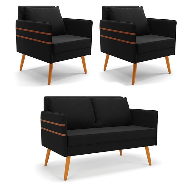 Kit 1 Namoradeira 02 Lugares e 2 Poltronas Mari Suede Pés Palito Castanho - D'Rossi Preto