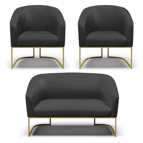 Namoradeira e 2 Poltronas Industrial Dourado Stella Sintético Preto D03 - D'Rossi