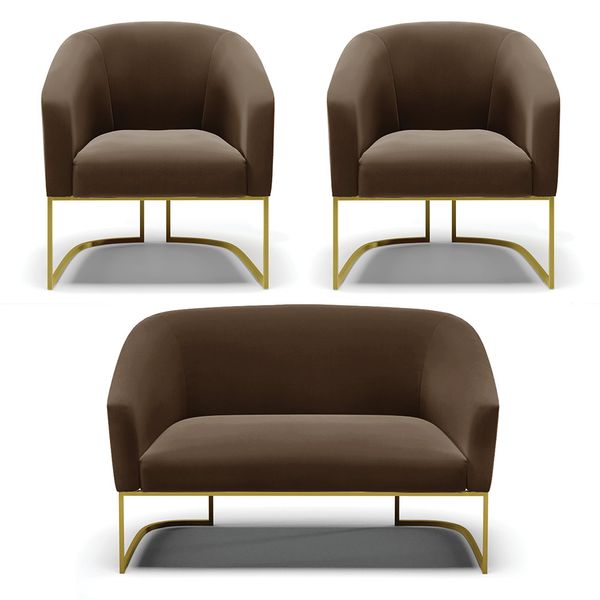 Namoradeira e 2 Poltronas Industrial Dourado Stella Suede Marrom D03 - D'Rossi