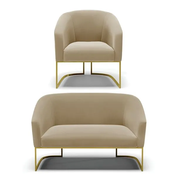 Sofá Namoradeira e Poltrona Industrial Dourado Stella Suede Marrom R D03 - D'Rossi