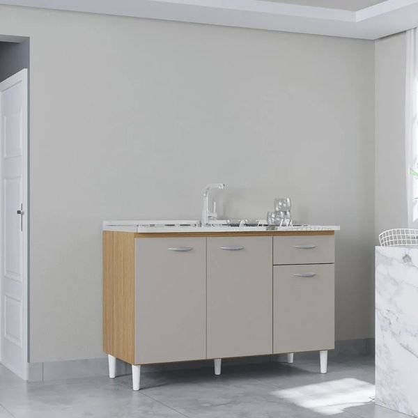 Balcão de Cozinha 120 cm 3 Portas 1 Gaveta Poquema | Damasco/Off White