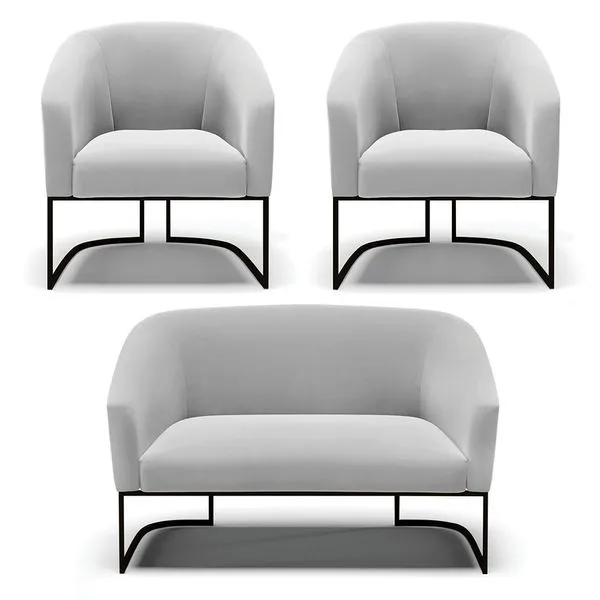 Namoradeira e 2 Poltronas Industrial Preto Stella Suede Cinza D03 - D'Rossi
