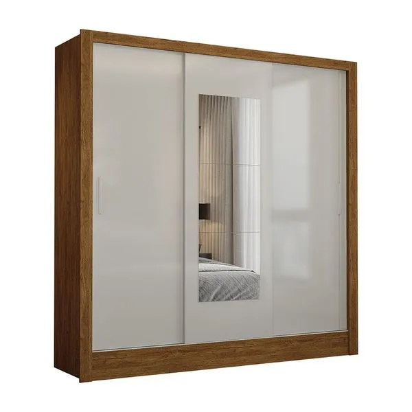 Guarda Roupa Casal Fortaleza 3 Portas Com Espelho Carioca Móveis Freijó com Off White