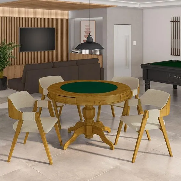 Conjunto Mesa de Jogos Carteado Bellagio Tampo Reversível Verde e 4 Cadeiras Madeira Poker Base Estrela Linho OffWhite/Mel G42 - Gran Belo