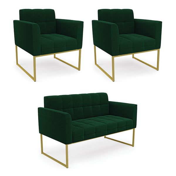 Namoradeira e 2 Poltronas Industrial Dourado Elisa Bouclê Verde D03 - D'Rossi