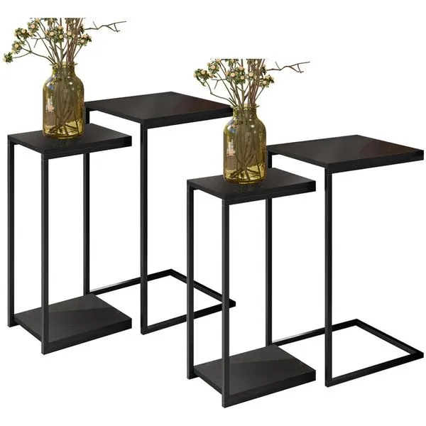 02 Conjuntos de Mesas Laterais Decorativas Industrial D01 Design Preto - Lyam Decor