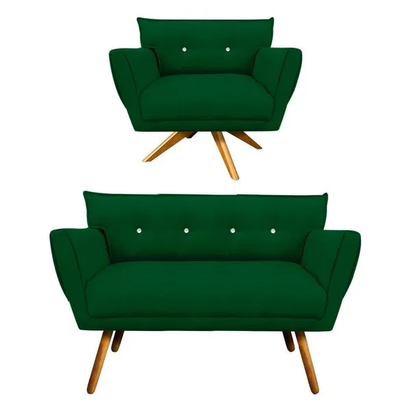Kit 1 Namoradeira 2 Lugares e 1 Poltrona Giratória Anitta com Strass Suede Pés Palito Castanho - D'Rossi Verde