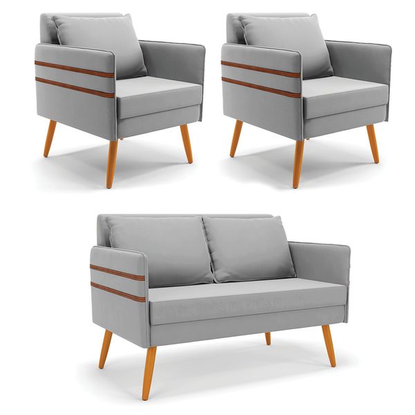 Kit 1 Namoradeira 02 Lugares e 2 Poltronas Mari Suede Pés Palito Castanho - D'Rossi Cinza