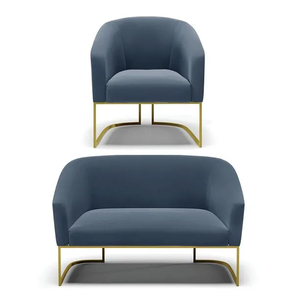 Sofá Namoradeira e Poltrona Industrial Dourado Stella Suede Azul M D03 - D'Rossi