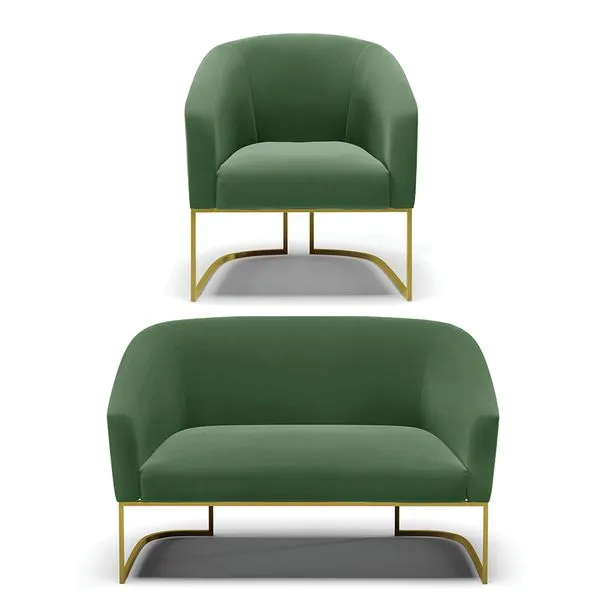 Sofá Namoradeira e Poltrona Industrial Dourado Stella Suede D03 - D'Rossi Verde
