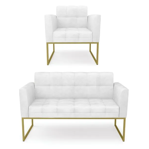 Kit 1 Sofá Namoradeira e 1 Poltrona Elisa Corano Base Metálica Industrial Dourado - D'Rossi Branco