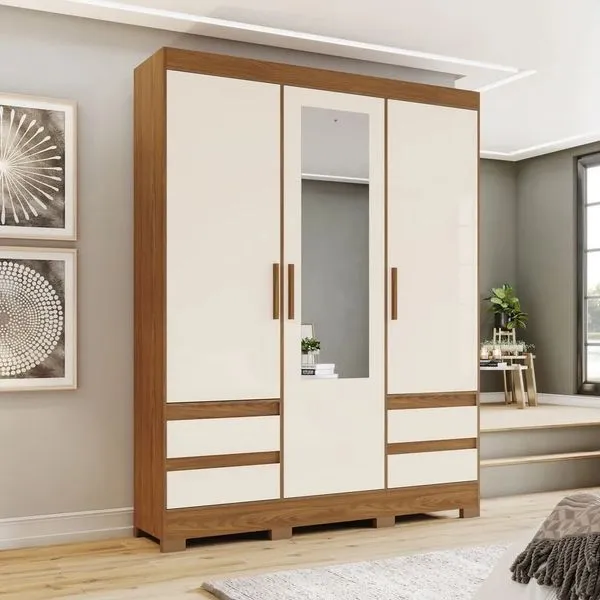 Guarda-Roupa Casal 3 Portas 4 Gavetas Henn Briz | Nature/Off White