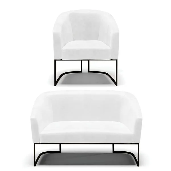 Sofá Namoradeira e Poltrona Base Industrial Preto Stella Sintético PU Branco D03 - D'Rossi