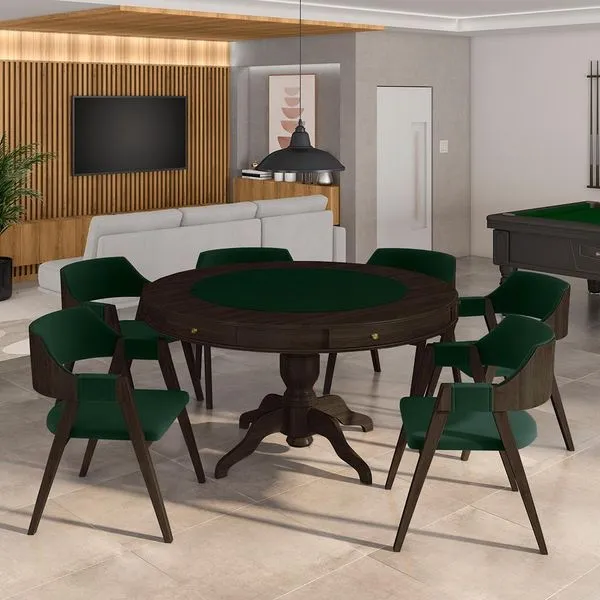 Conjunto Mesa de Jogos Carteado Bellagio Tampo Reversível e 6 Cadeiras Madeira Poker Base Estrela Veludo Verde/Capuccino G42 - Gran Belo