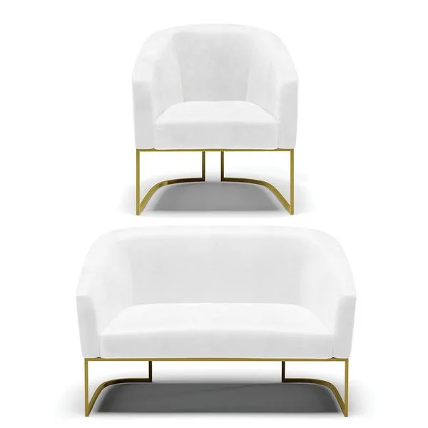 Sofá Namoradeira e Poltrona Industrial Dourado Stella Sint PU Branco D03 - D'Rossi
