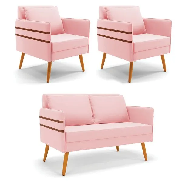 Kit 1 Namoradeira 02 Lugares e 2 Poltronas Mari Suede Rosa Bebê Pés Palito Castanho - D'Rossi
