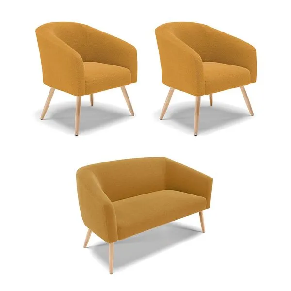 Namoradeira e 2 Poltronas Pé Palito Natural Stella Bouclê Mostard D03 - D'Rossi