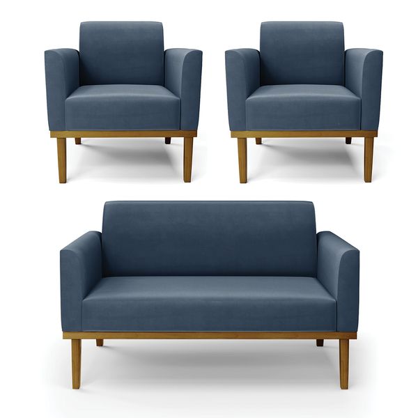 Sofá Namoradeira com 2 Poltronas Base de Madeira Fixa Castanho Marisa Suede Azul Marinho D03 - D'Rossi