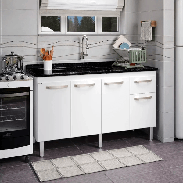 Balcão de Cozinha 143 cm 4 Portas 1 Gaveta Sem Tampo Rorato Flat | Branco