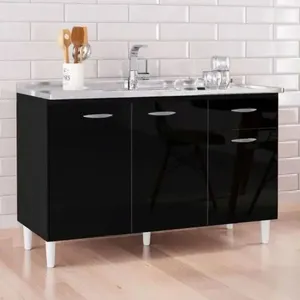 Balcão de Cozinha 120 cm 3 Portas 1 Gaveta Poquema | Preto