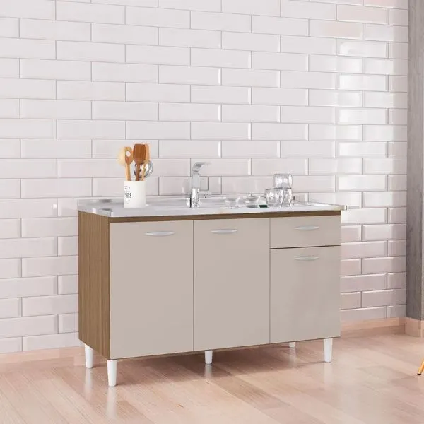 Balcão de Cozinha 120 cm 3 Portas 1 Gaveta Poquema | Castanho/Off White