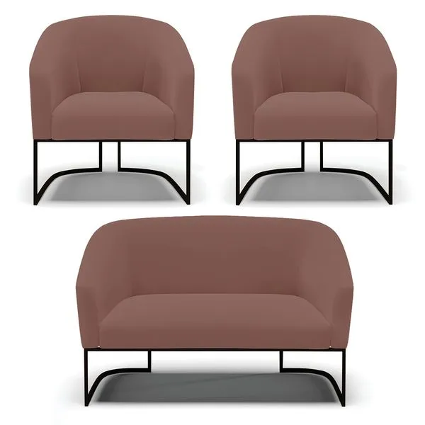 Namoradeira e 2 Poltronas Industrial Preto Stella Veludo D03 - D'Rossi Rose