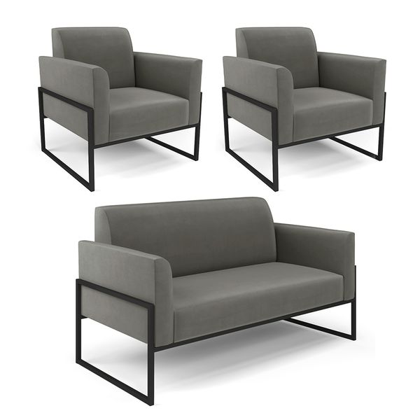 Sof Namoradeira com 2 Poltronas Base Industrial Alta Preto Marisa Suede Grafite D03 - D'Rossi