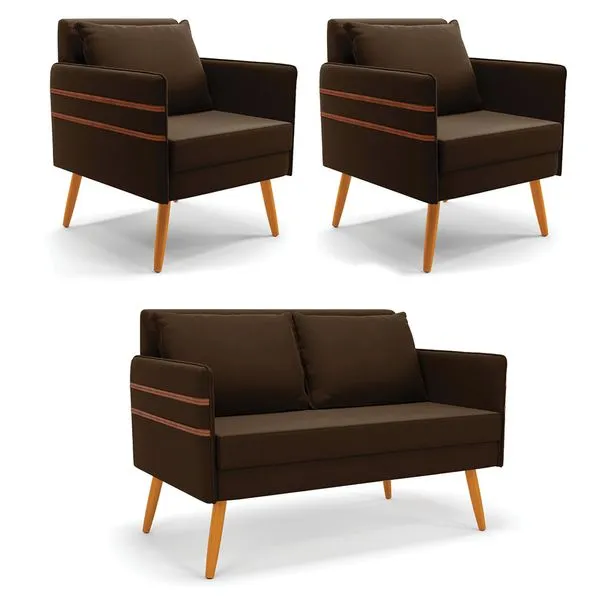 Kit 1 Namoradeira 02 Lugares e 2 Poltronas Mari Suede Pés Palito Castanho - D'Rossi Marrom