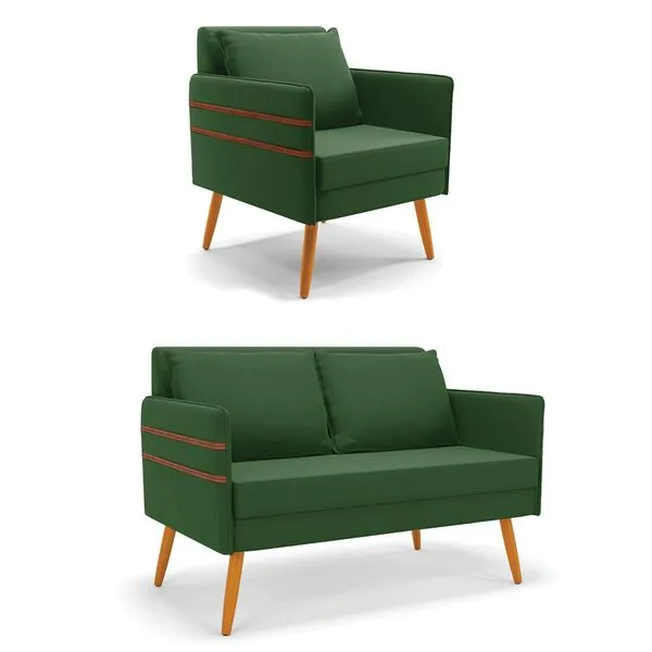 Kit 1 Namoradeira 02 Lugares e 1 Poltrona Mari Suede Pés Palito Castanho - D'Rossi Verde