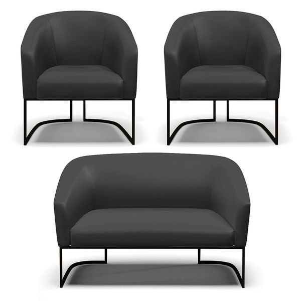 Namoradeira e 2 Poltronas Industrial Preto Stella Sintético Preto D03 - D'Rossi