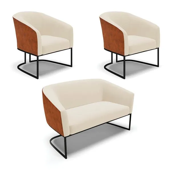 Namoradeira e 2 Poltronas Industrial Preto Stella Noz/Linho Bege D03 - D'Rossi