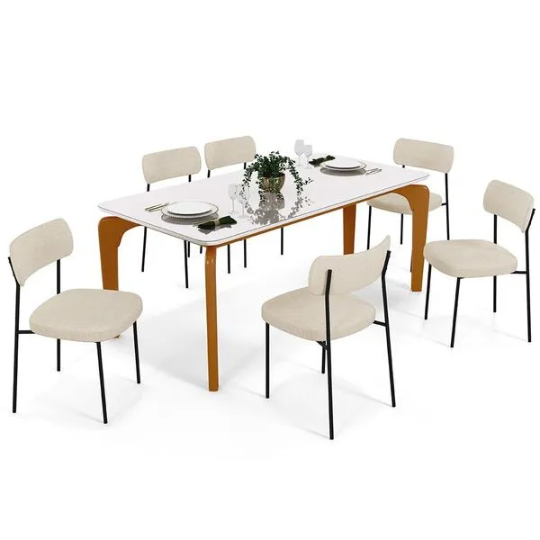 Mesa De Jantar Capri 160cm Off White Nature Com 6 Cadeiras Melina B05 Linho Bege - Lyam Decor