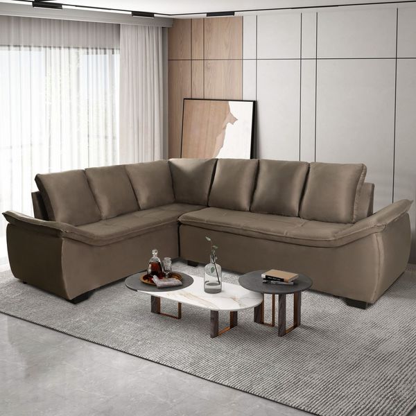 Sofá de Canto 6 Lugares Alphaville Siena Móveis em Veludo com Design Moderno| Tabaco